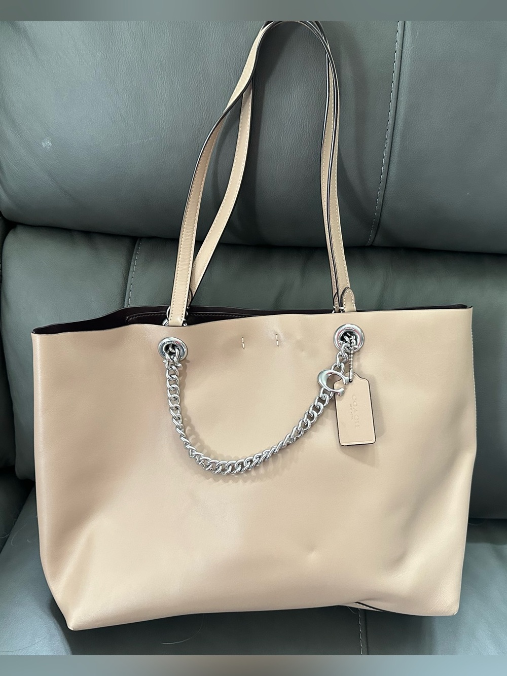 Coach Beige Leather Tote with Silver Chain Trim
